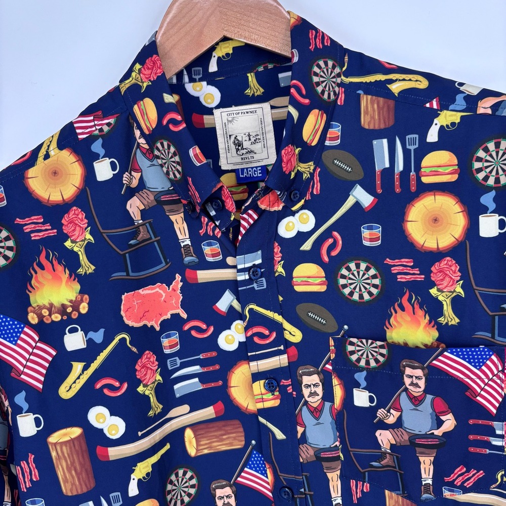 RSVLTS Parks and Recreation Ron Swanson Shirt Mens Large Navy Kunuflex Hawaiian